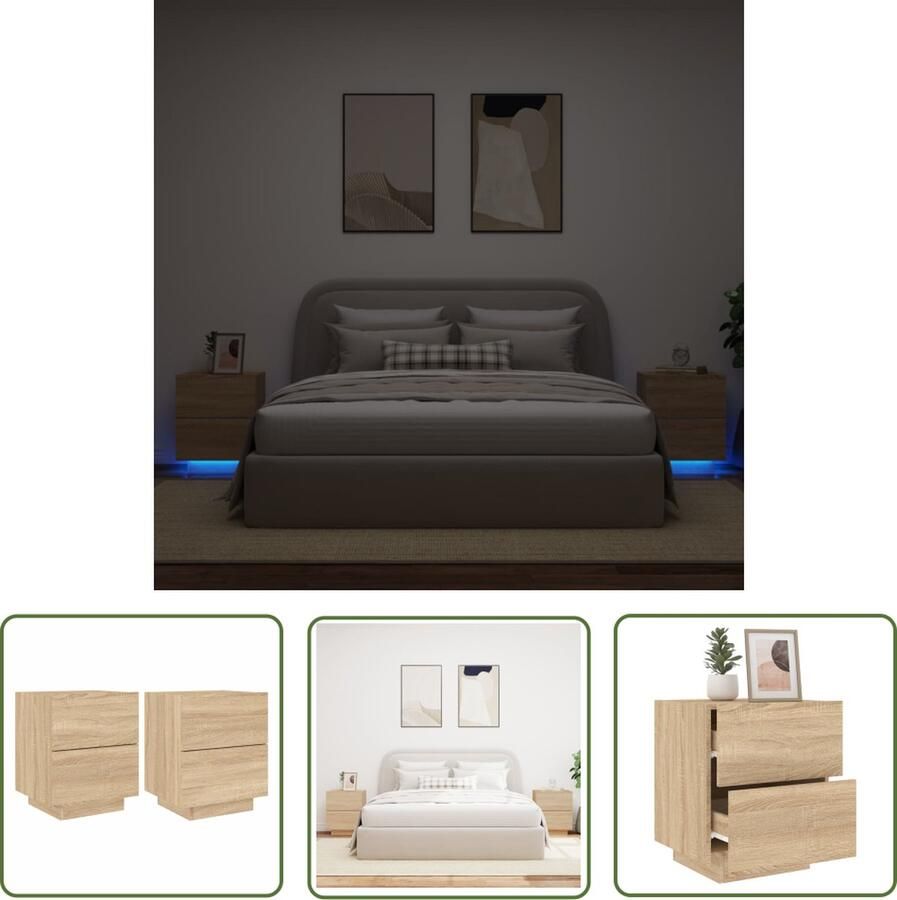 The Living Store Nachtkastjes met LED-verlichting 2 st bewerkt hout sonoma eiken Nachtkaste Led Lampen Sonoma Eiken Houten Nachtlamp Bijzettafel