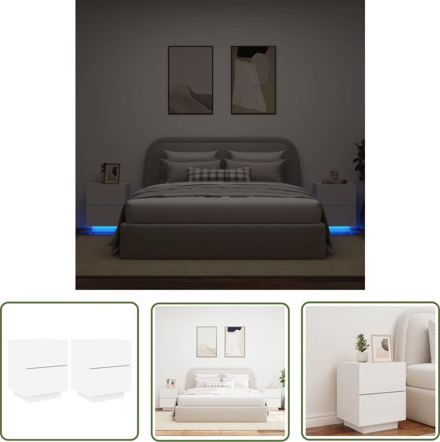 The Living Store Nachtkastjes met LED-verlichting 2 st bewerkt hout wit Nachtkaste Led Lampen Slaapkamermeubel Houten Meubel Witte Nachttafel