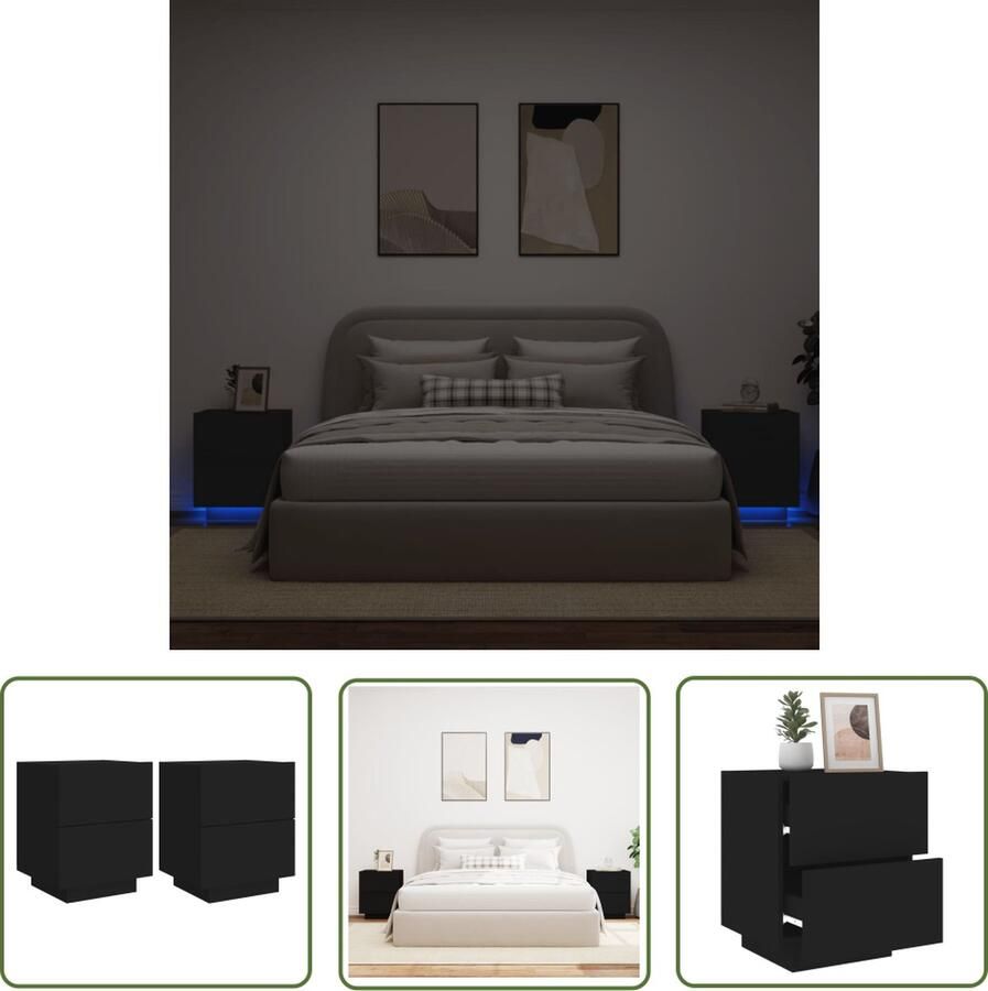 The Living Store Nachtkastjes Bijzetkast 45 x 40 x 55 cm LED-verlichting 2 lades Nachtkaste Led Lampen Bijzettafel Houten Nachtlamp Slaapkamersdecoratie