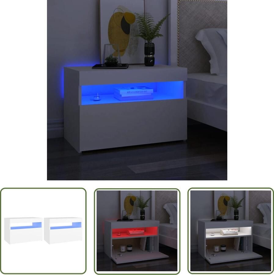 The Living Store Nachtkastjes 2 st LED-verlichting 60x35x40 cm bewerkt hout wit Nachtkastjes Led Lampen Slaapkamers Houten Meubel Decoratief Licht - Foto 2