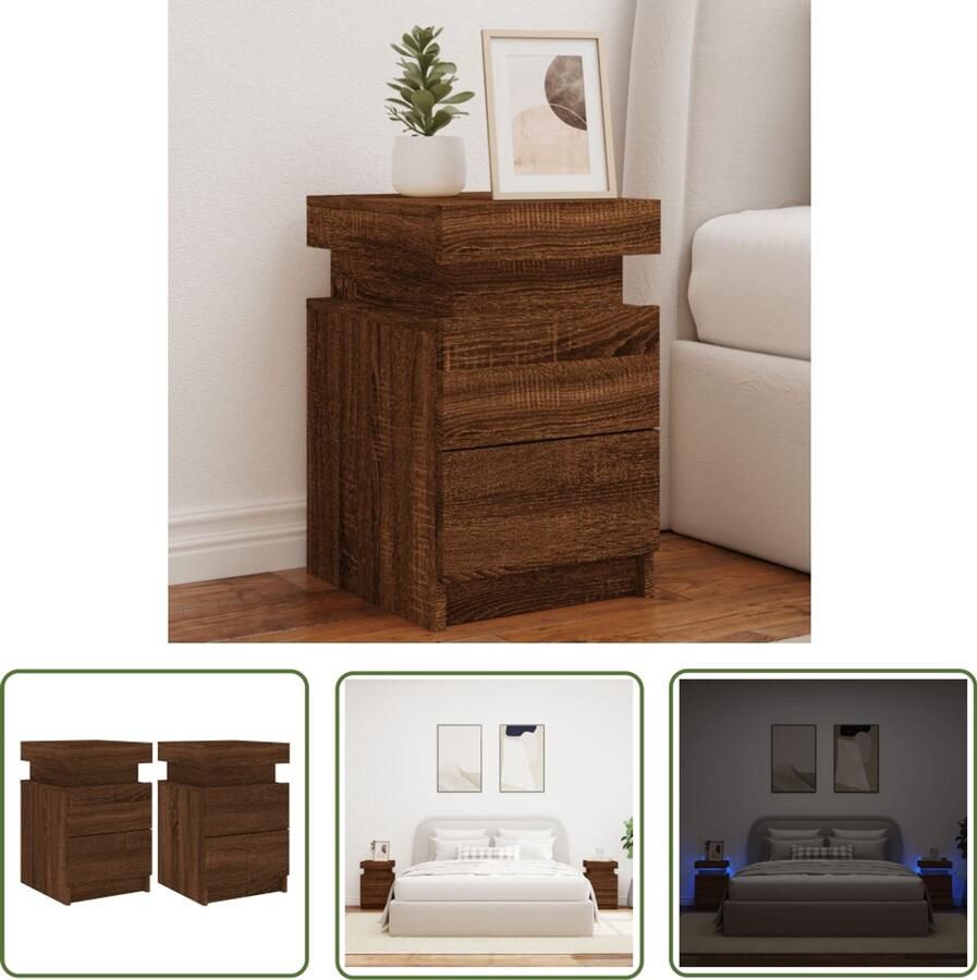 The Living Store Nachtkastjes met LED 2 st 35x39x55 cm bruin eikenkleur Nachtkastjes Led Lampen Slaapkamersdecoratie Houten Meubilair Bruine Meubels