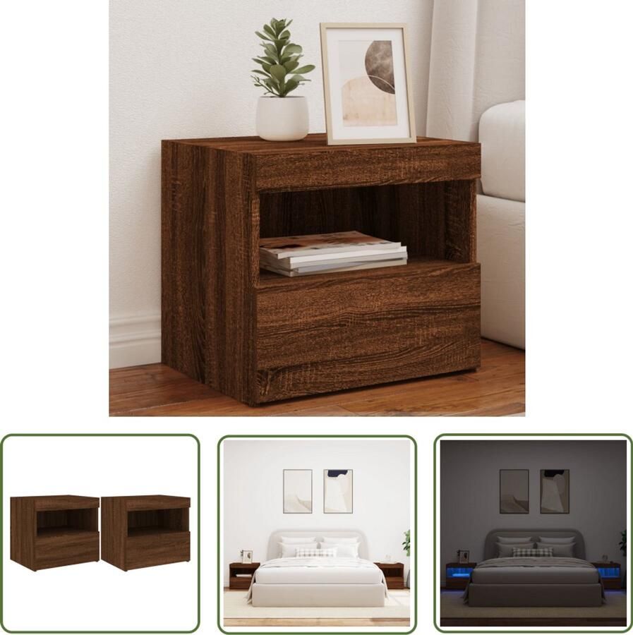 The Living Store Nachtkastjes met LED-verlichting 2 st 50x40x45 cm bruineiken Nachtkastjes Led Lampen Slaapkamersdecoratie Houten Meubilair Bruine Kast