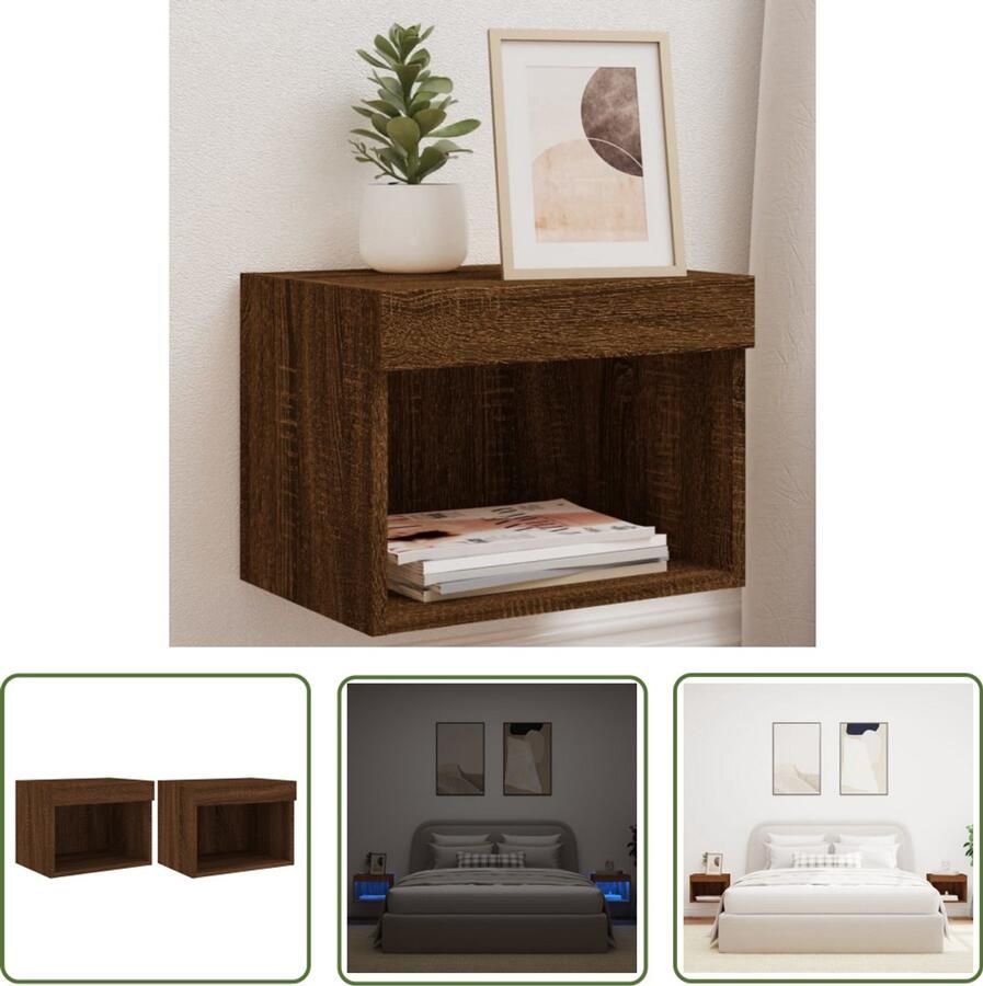 The Living Store Nachtkastjes met LED's 2 st wandgemonteerd bruin eikenkleur Nachtkastjes Led Lampen Bedroom Furniture Houten Meubels Bruine Eiken