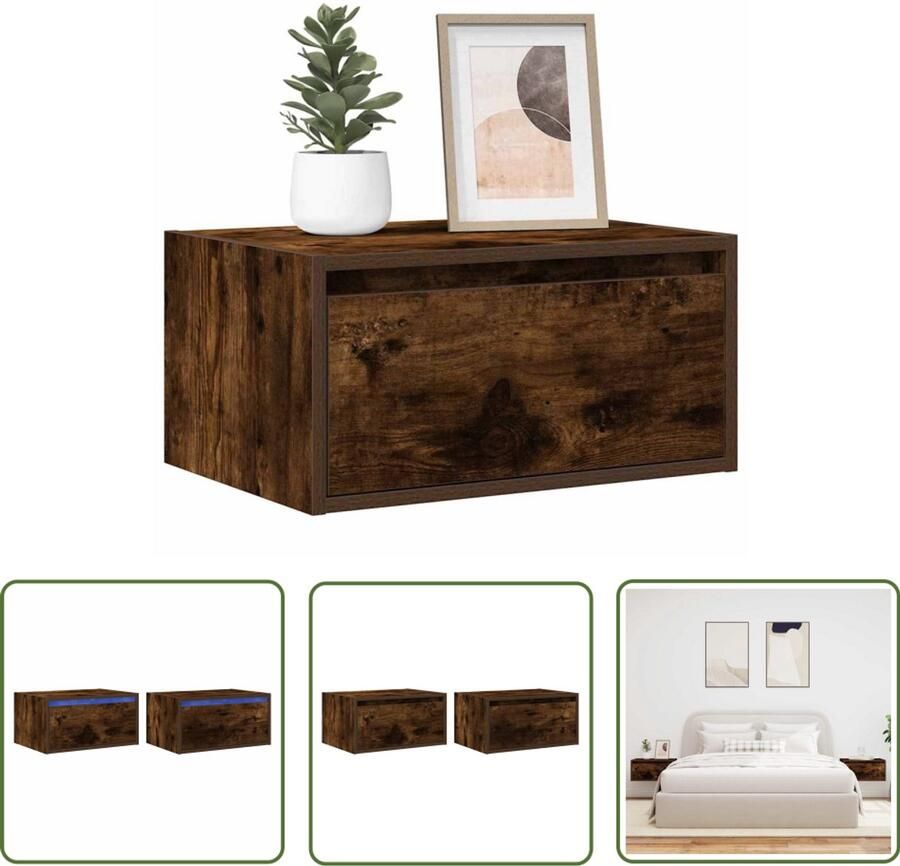 The Living Store Nachtkastjes met LED's 2 st wandgemonteerd gerookt eikenkleurig Nachtkastjes Led Lampen Wandmontage Houten Meubels Slaapkamersdecoratie
