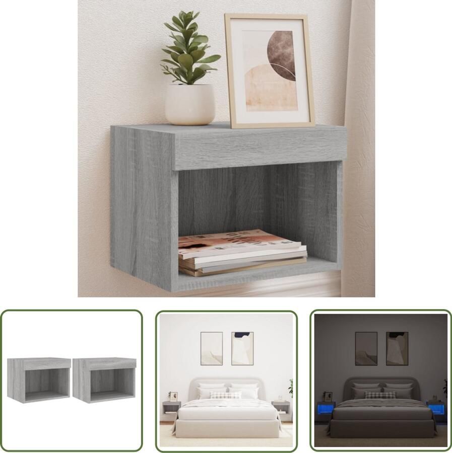 The Living Store Nachtkastjes met LED's 2 st wandgemonteerd grijs sonoma eiken Nachtkastjes Led Lampen Slaapkamerinrichting Houten Meubilair Grijze Meubels