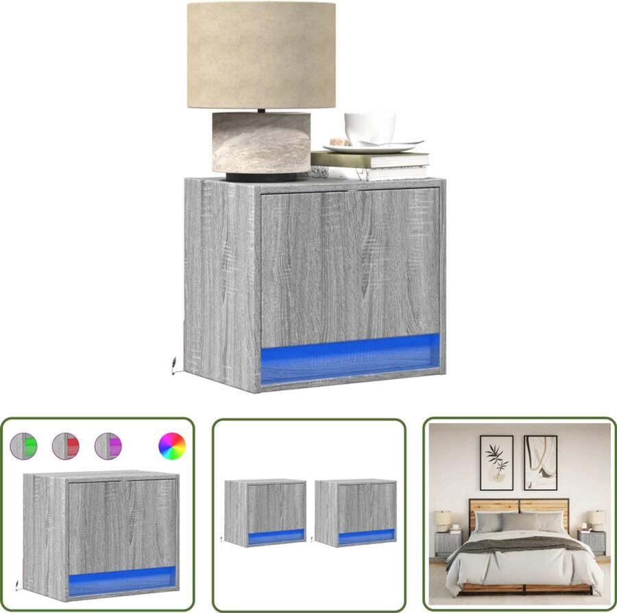 VidaXL Led Lampen Nachtkastjes met LED's 2 st wandgemonteerd grijs sonoma eiken Wandmontage Grijze Nacht Kast Slaapkamersdecoratie