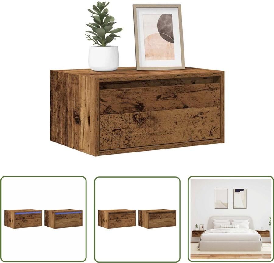 VidaXL Nachtkastjes met LED's 2 st wandgemonteerd oud houtkleurig Nachtkastjes Led Lampen Wandmontage Slaapkamersdecoratie Houten Kast