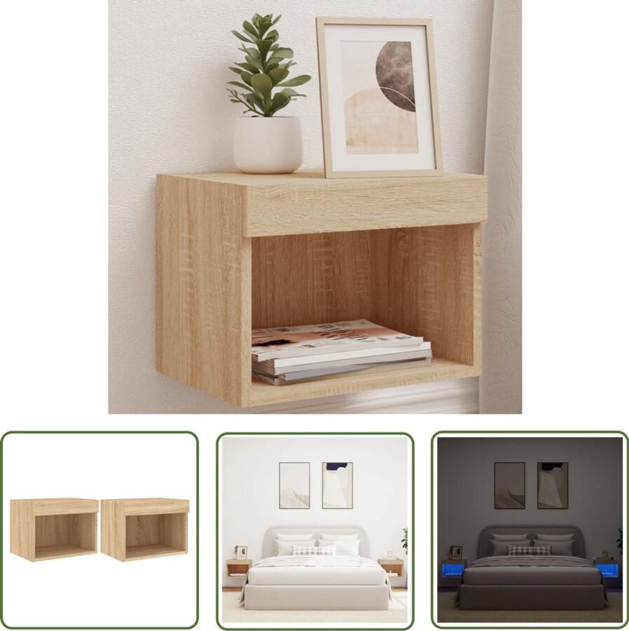 VidaXL Nachtkastjes met LED's 2 st wandgemonteerd sonoma eikenkleurig Nachtkastjes Led Lampen Wandmontage Sonoma Eiken Houten Nachttafel