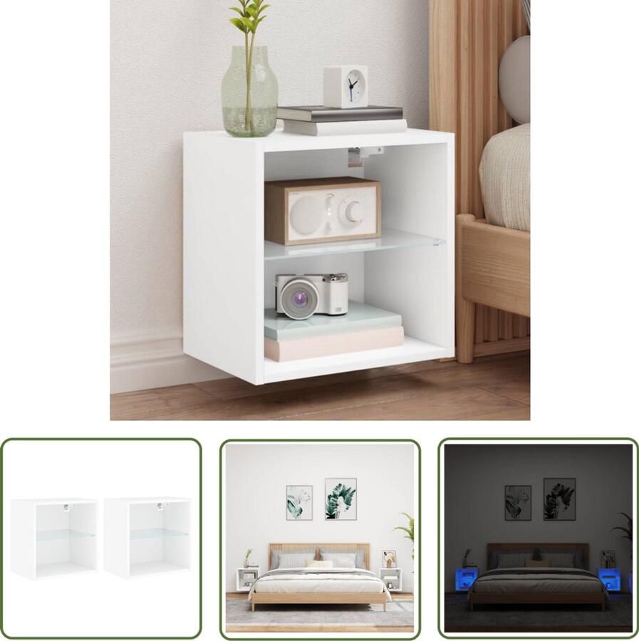 VidaXL Nachtkastjes met LED's 2 st wandgemonteerd wit Nachtkastjes Led Lampen Slaapkamerinrichting Houten Nachtstand Wandmontage