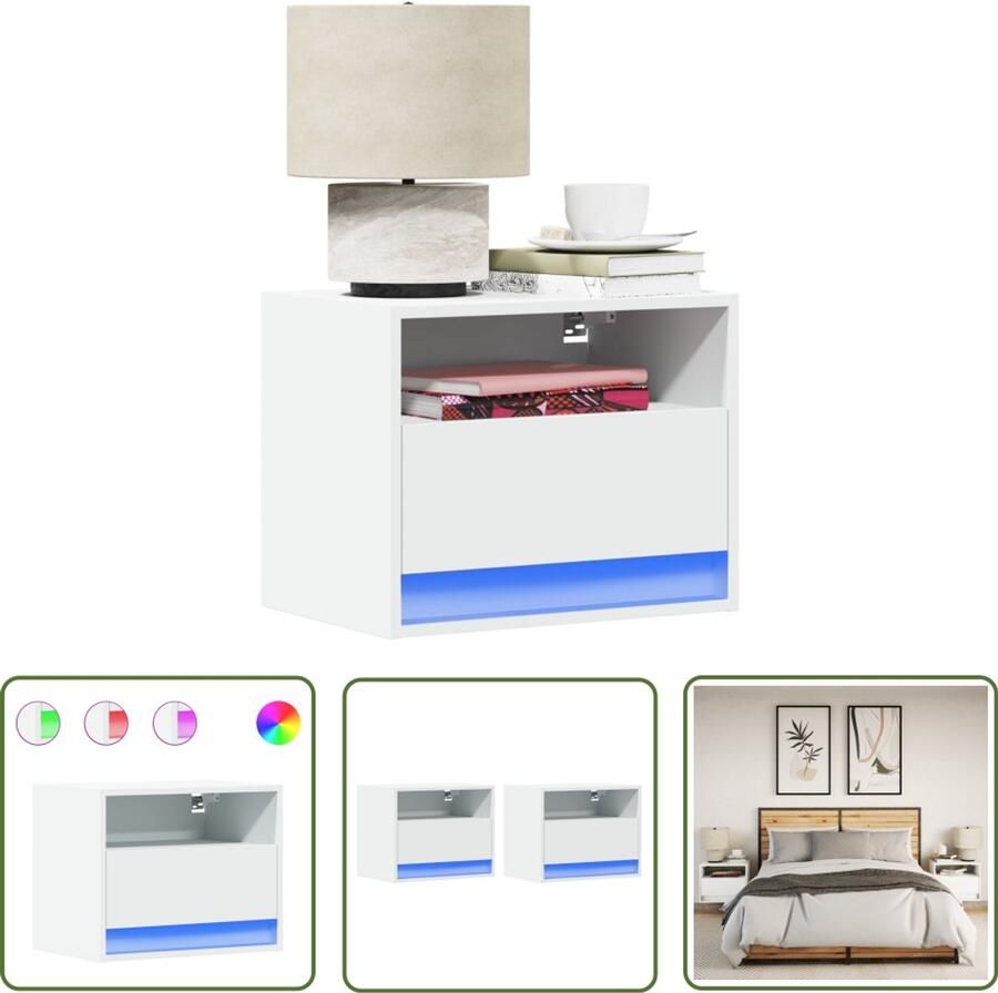 VidaXL Nachtkastjes met LED's 2 st wandgemonteerd wit Nachtkastjes Led Lampen Wandmontage Slaapkamersdecoratie Houten Meubel