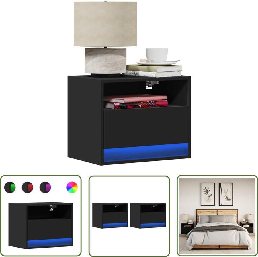 VidaXL Nachtkastjes met LED's 2 st wandgemonteerd zwart Nachtkastjes Led Lampen Wandmontage Slaapkamersdecoratie Houten Meubelstukken