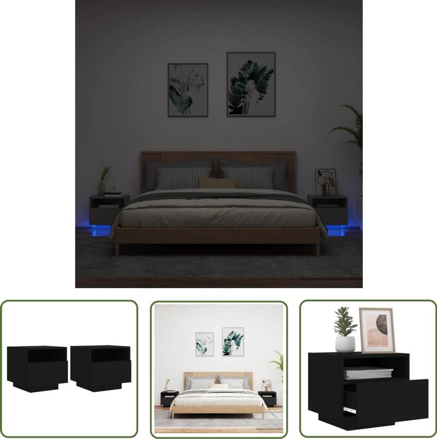The Living Store Nachtkastjess met LED-verlichting 2 st 40x39x37 cm zwart Nachtkastjes Led Lampen Bedroom Furniture Slaapkamerinrichting Houten Meubels