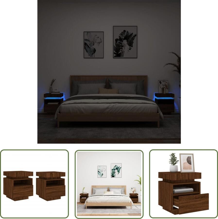 The Living Store Nachtkastje Bruineiken 40 x 39 x 48.5 cm Met LED-Verlichting en Opbergruimte Nachtkasts Led Lampen Meubilair Slaapkamers Kastjes
