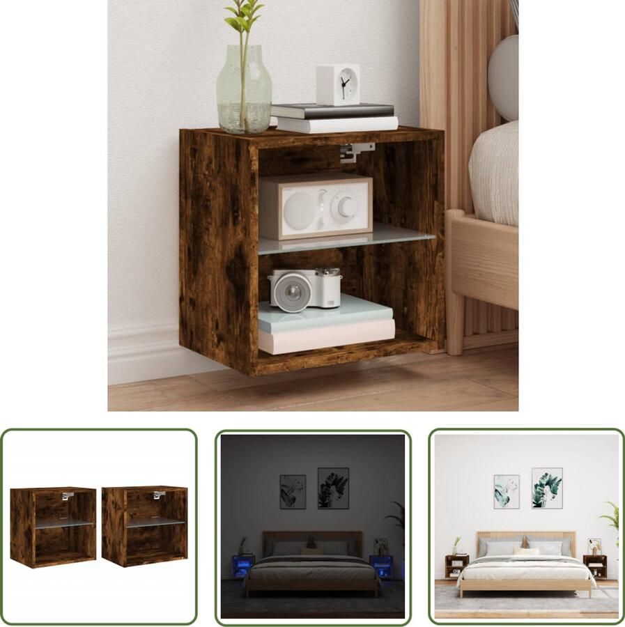 The Living Store Nachtkastjes met LED's 2 st wandgemonteerd gerookt eikenkleurig Nachtlampjes Led Lampen Slaapkamerdecoratie Houten Nachtstand Wandlampen