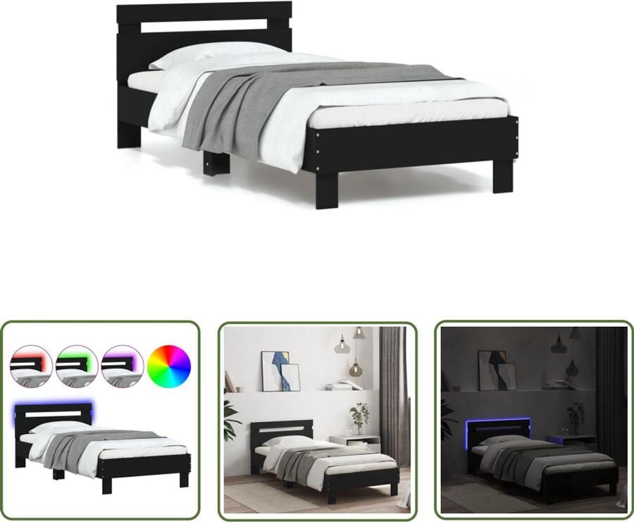 VidaXL Bedframe met hoofdbord en LED-verlichting zwart 90x190 cm Slaapcomfort Led Lampen Houten Bed Frame Tweepersoons Bed Modern Bed