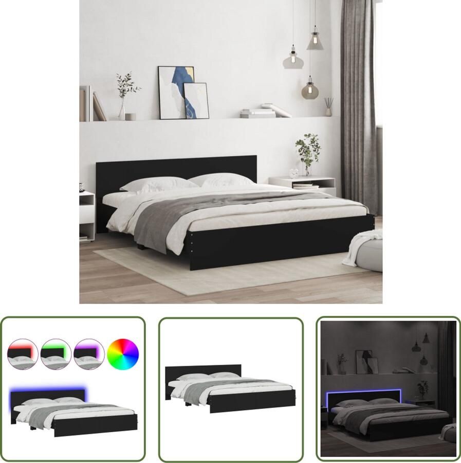 VidaXL Led Lampen Slaapkamers Bedframe met hoofdeinde en LED zwart 180x200 cm Houten Bed Frame Dubbel Bed Modern Bed