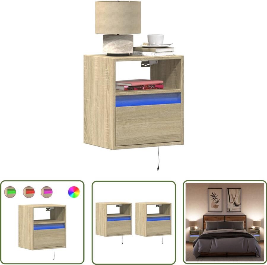 VidaXL Nachtkastjes met LED wandgemonteerd 2 st sonoma eikenkleurig Nachtkastjes Led Lampjes Wandmontage Sonoma Eiken Bedroom Furniture