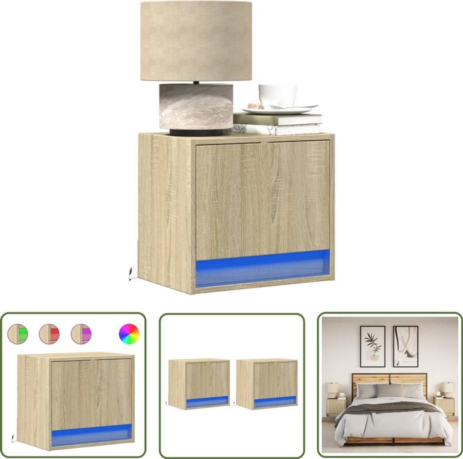 VidaXL Nachtkastjes met LED wandgemonteerd 2 st sonoma eikenkleurig Nachtkastjes Led Lampjes Wandmontage Sonoma Eiken Bedroom Furniture - Foto 2