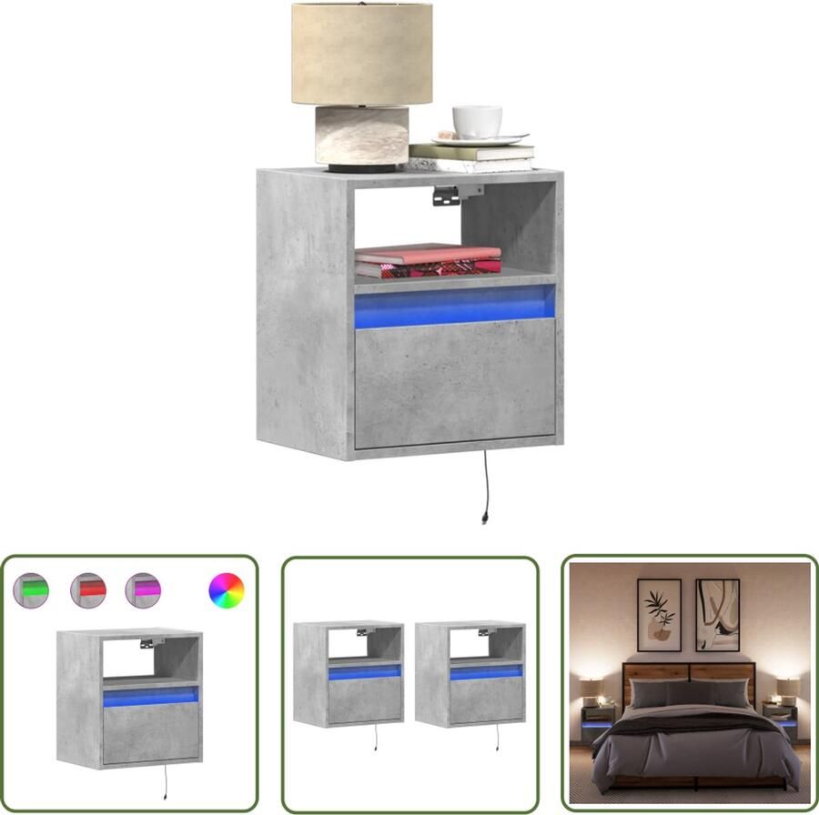 VidaXL Nachtkastjes met LED's 2 st wandgemonteerd betongrijs Nachtkastjes Led Lampjes Wandmontage Betongrijs Slaapkamer Decoratie