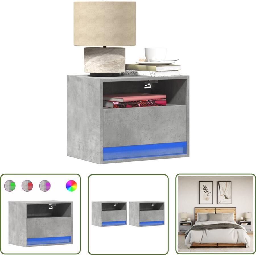VidaXL Nachtkastjes met LED's 2 st wandgemonteerd betongrijs Nachtkastjes Led Lampjes Wandmontage Betongrijs Slaapkamer Decoratie - Foto 2