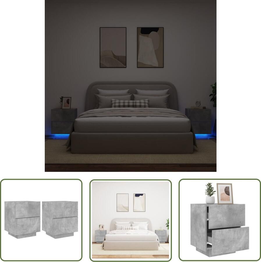 The Living Store Nachtkastjes XXL Betongrijs 45 x 40 x 55 cm LED-verlichting 2 lades Nachtkaste Led Nachtlamp Houten Nachtkast Betonnen Grijs Slaapkamersdecoratie