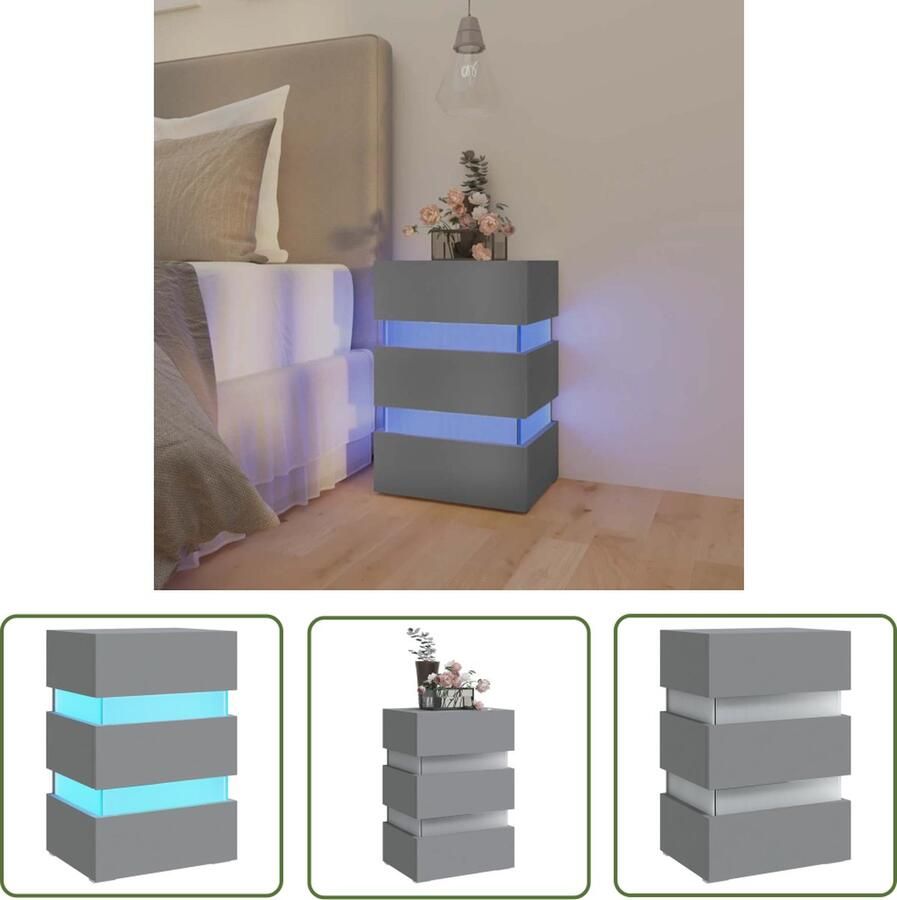 The Living Store LED-nachtkastje Grijs 45 x 35 x 67 cm Met LED-verlichting Nachttastisch Led Nachtlamp Houten Nachtkastje Grijs Nachtkastje Opbergvakken - Foto 2