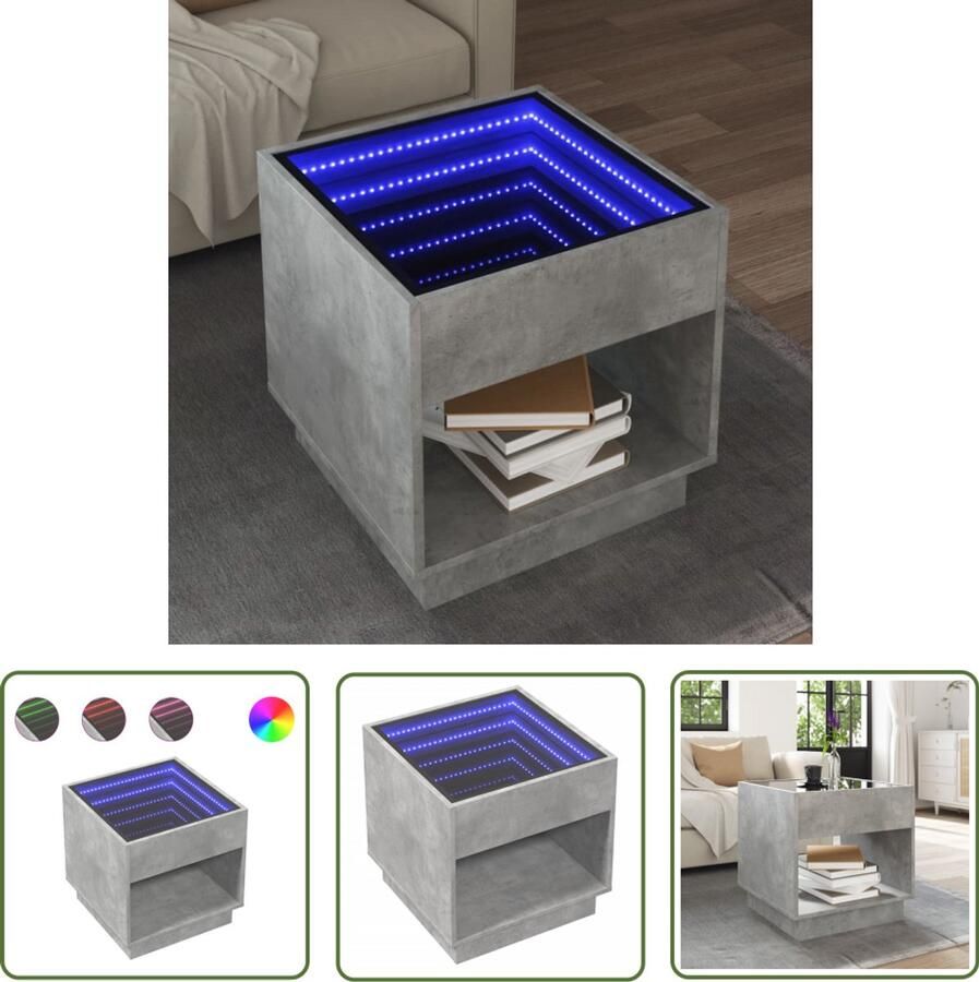 VidaXL Salontafel met Infinity LED 50x50x50 cm betongrijs Salontafel Led Tafellamp Infinity Mirror Betonlook Koffietafel