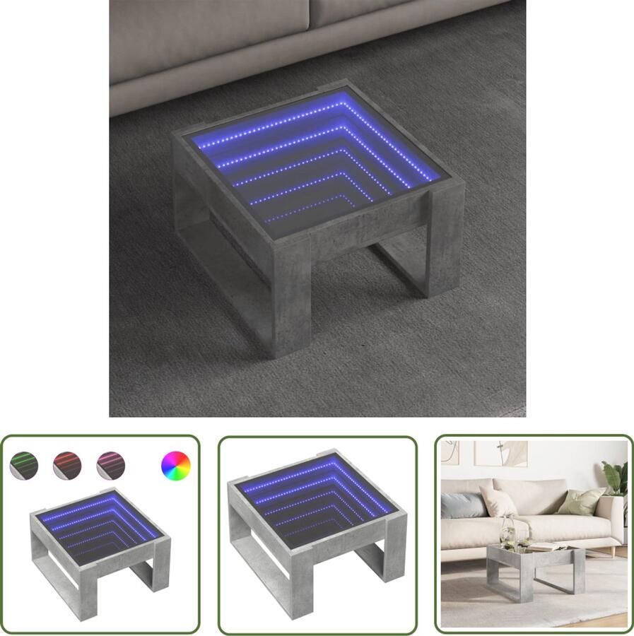 VidaXL Salontafel met Infinity LED 50x53x30 cm betongrijs Salontafel Led Tafellamp Infinity Mirror Beton Grijs Living Room Furniture