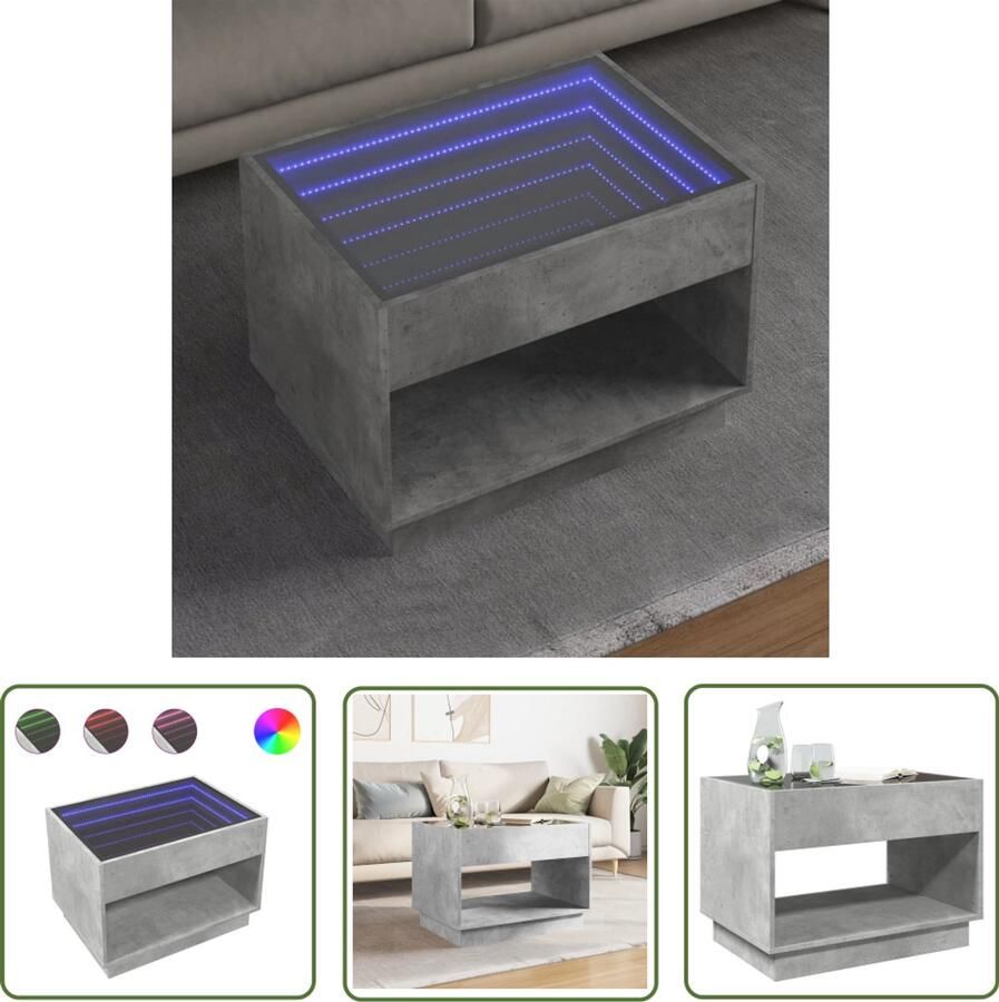 VidaXL Salontafel met Infinity LED 70x50x50 cm betongrijs Salontafel Led Tafellamp Infinity Mirror Beton Grijs Koffietafel