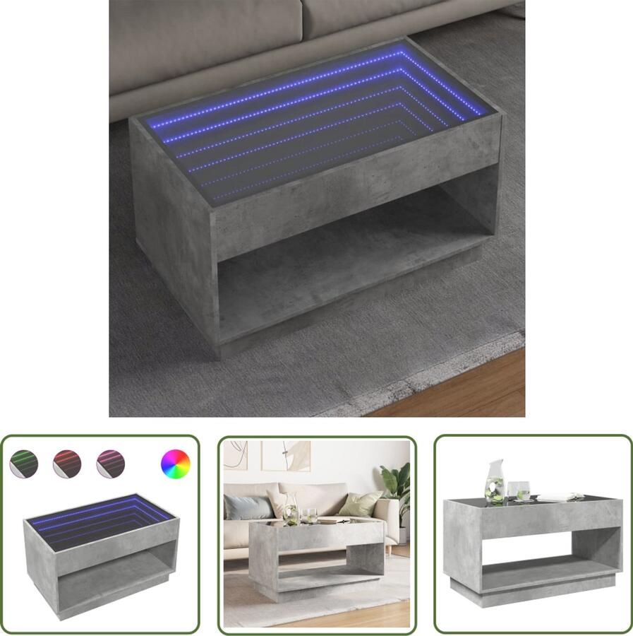 VidaXL Salontafel met Infinity LED 90x50x50 cm betongrijs Salontafel Led Tafellamp Infinity Mirror Betongrijs Houten Tafel