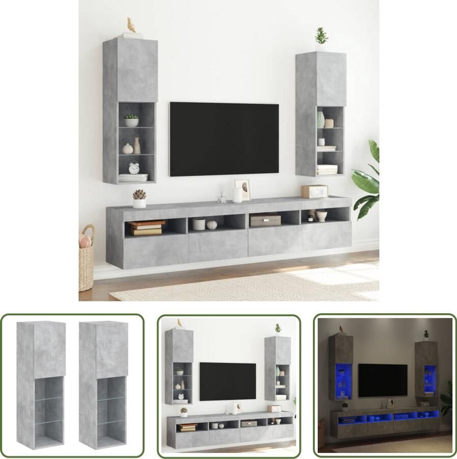 VidaXL Led Tv Kast Tv Meubel Tv-meubels met LED-verlichting 2 st 30 5x30x102 cm betongrijs Houten Tv Stand Betonnen Tv Tafel Opbergkast