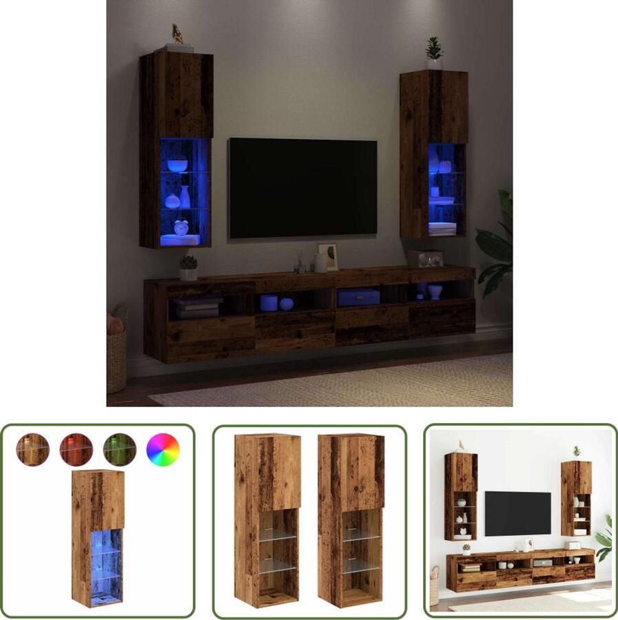 The Living Store Tv-meubels met LED-verlichting 2 st 30 5x30x102 cm oud hout Tv Meubel Led Tv Kast Houten Tv Stand Opberg Tv Kast Rgb Verlichting