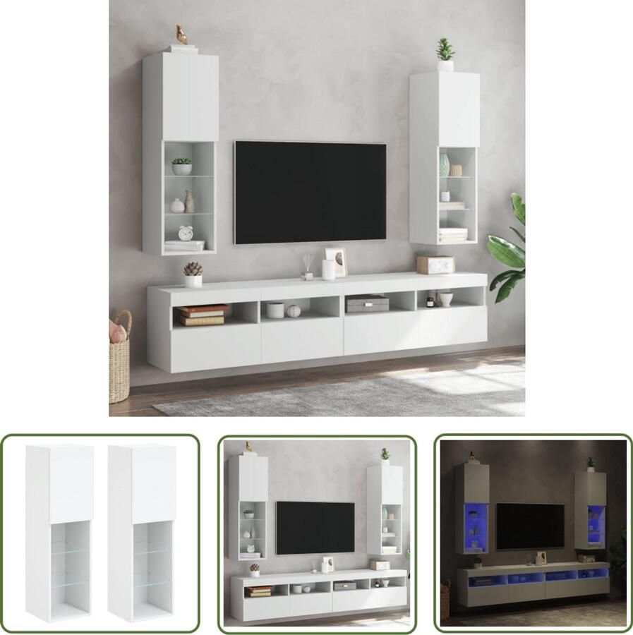 The Living Store Tv-meubels met LED-verlichting 2 st 30 5x30x102 cm wit Tv Meubel Led Tv Kast Houten Tv Stand Rgb Verlichting Opbergkast