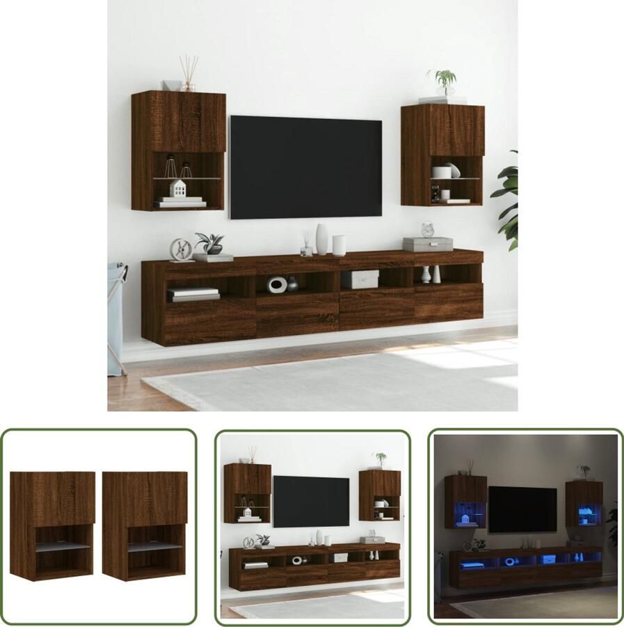 The Living Store Tv-meubels met LED-verlichting 2 st 40 5x30x60 cm bruineiken Tv Meubel Led Tv Kast Wandmontage Tv Bruin Tv Meubel Houten Tv Stand