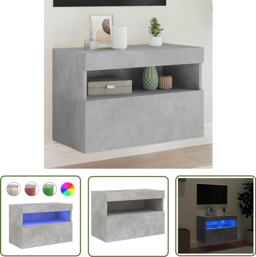 The Living Store Tv-wandmeubel met LED-verlichting 60x30x40 cm betongrijs Tv Wandmeubel Led Tv Meubel Tv Kast Media Kast Houten Tv Stand