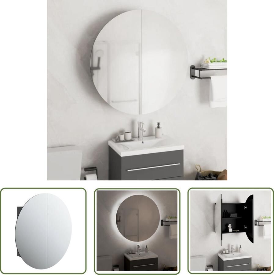 VidaXL Led Verlichting Badkamerkast met ronde spiegel en LED 54 x 54 x 17 5 cm zwart Ronde Spiegel Badkamermeubilair Opbergruimte