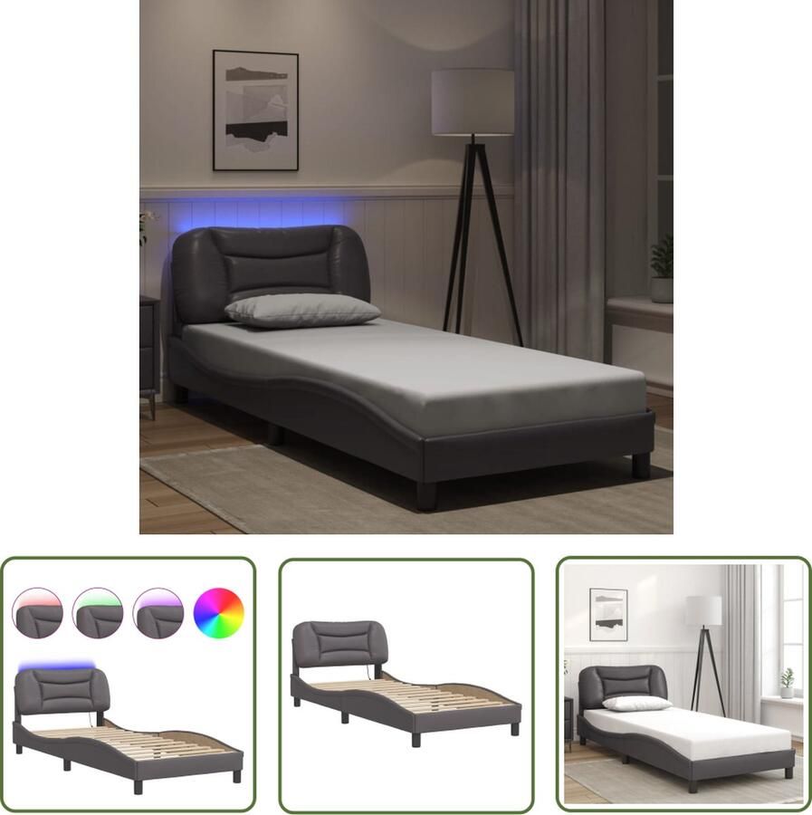The Living Store Bedframe LED grijs kunstleer 218 x 85 x 74.5 cm Multiplex lattenbodem Bed Frame Led Verlichting Kunstleder Bed Tweepersoons Bed Design Bed