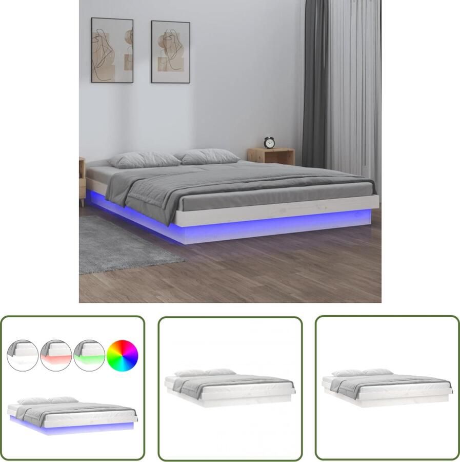 The Living Store Bedframe Grenenhout LED-verlichting 204 x 203.5 cm Wit Bedframe Led Verlichting Grenenhouten Bed Houten Bed Slaapkamersdecoratie