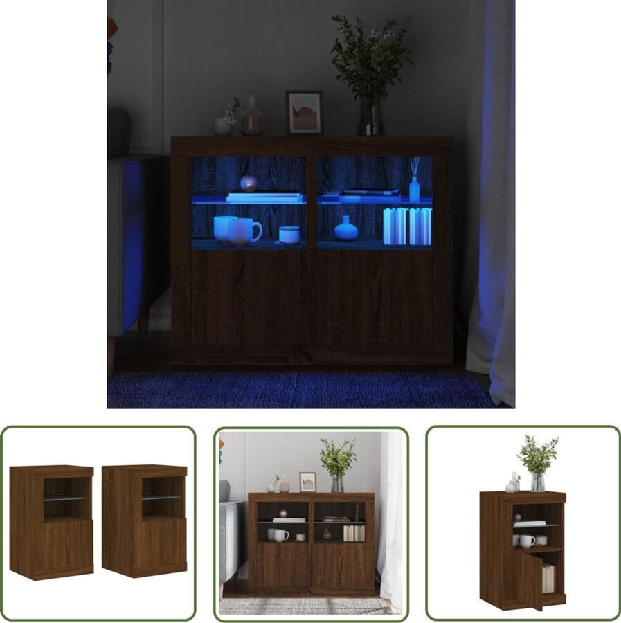 The Living Store Bijzetkastjes met LED 2 st bewerkt hout bruin eikenkleur Bijzetkasten Led Verlichting Houten Kast Bruine Eiken Opbergkast