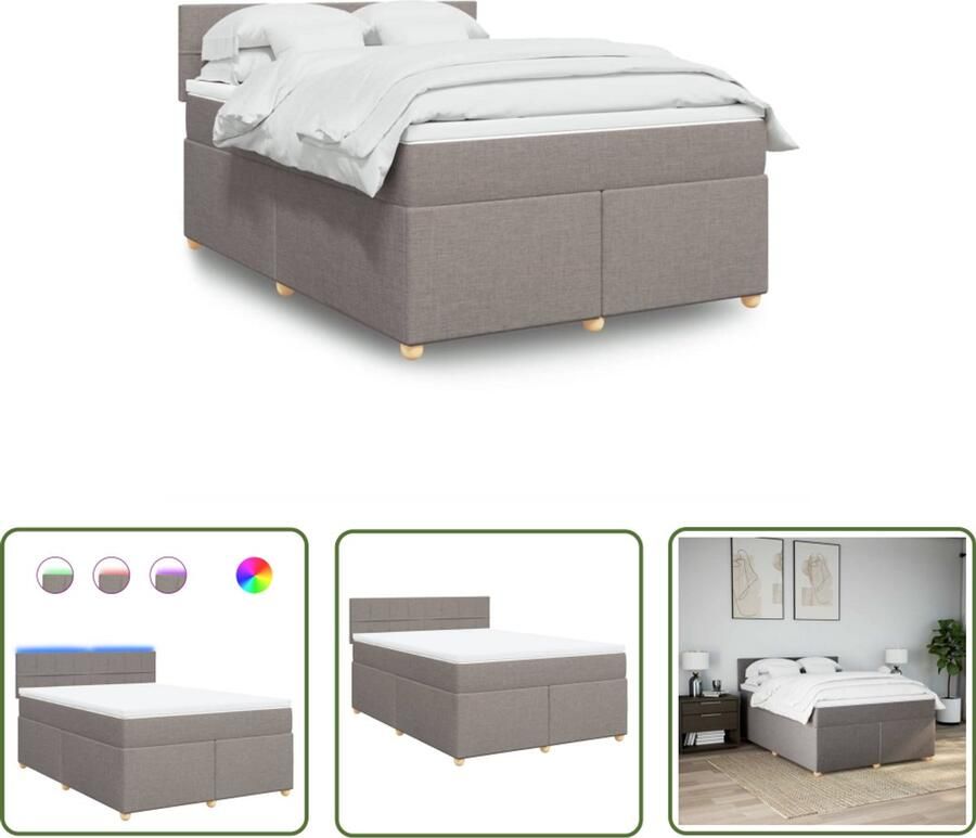 The Living Store Boxspring met matras stof taupe 140x200 cm Boxspring Bed Led Verlichting Pocketvering Matras Zacht Matras Tweepersoons Bed