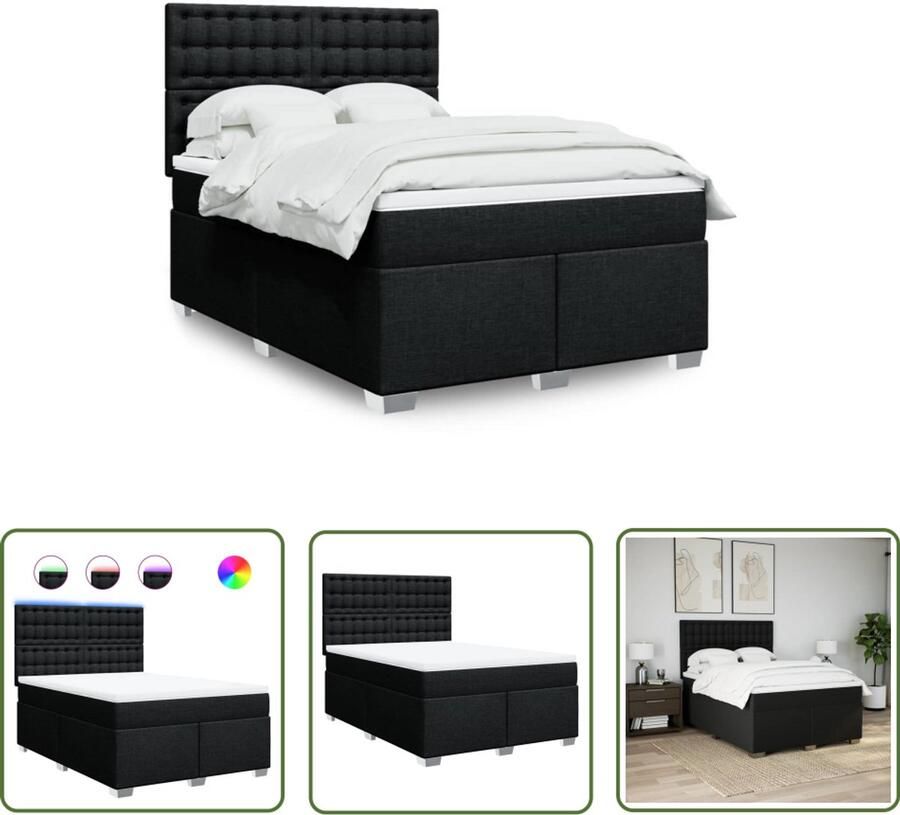 The Living Store Boxspring met matras stof zwart 140x200 cm Boxspring Bed Led Verlichting Pocketvering Matras Tweepersoons Bed Slaapkamer Meubels