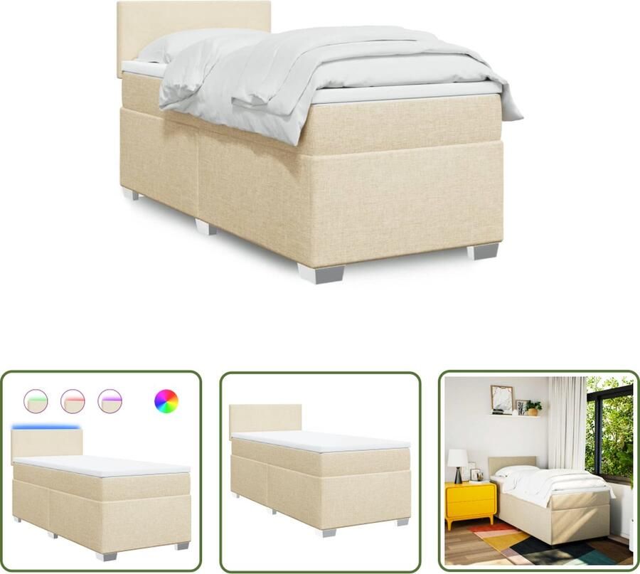 The Living Store Boxspring met matras stof crèmekleurig 80x200 cm Boxspringbed Led-verlichting Creme Kleur Pocketveringmatras Comfortabel Bed