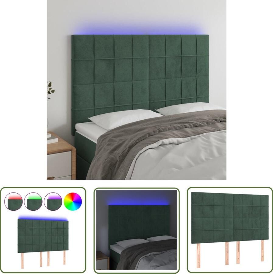 The Living Store Hoofdbord LED 144x5x118 128 cm fluweel donkergroen Hoofd Bord Led Verlichting Velvet Groen Slaap Kamer Decoratie