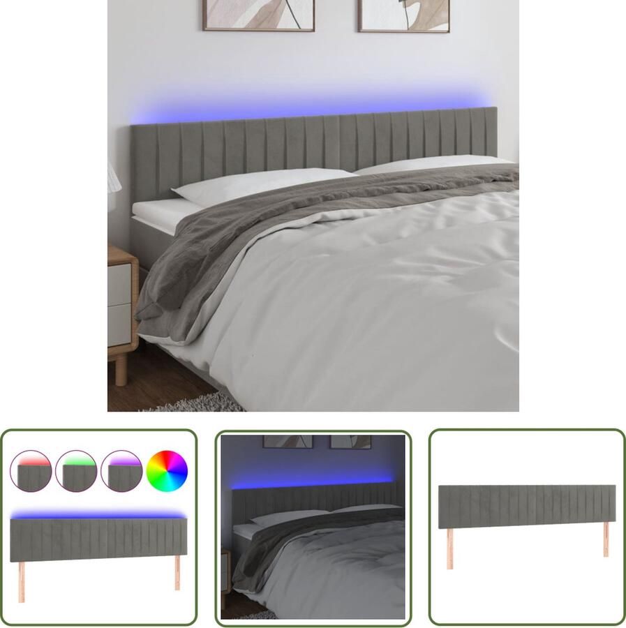 The Living Store Hoofdeinde LED-hoofdbord 180 x 5 x 78 88 cm Lichtgrijs Fluweel Verstelbare hoogte Kleurrijke LED-verlichting Hoofd Bord Led Verlichting Hoofdbord Grijs Fluweel Hoofdbord Beddecoratie