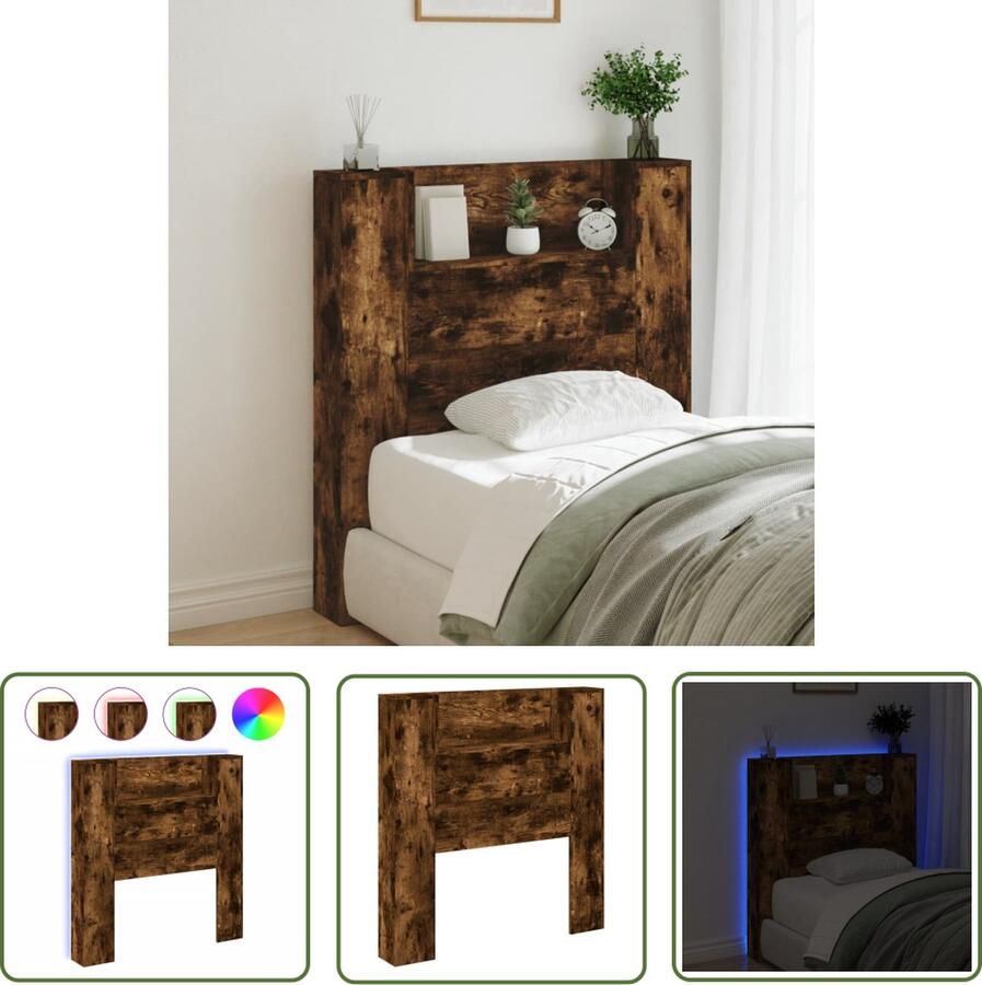 The Living Store Hoofdbordkast RGB LED-verlichting 100 x 16.5 x 103.5 cm Gerookt eiken Hoofdbord Led Verlichting Beddecoratie Bedroom Furniture Houten Hoofdbord