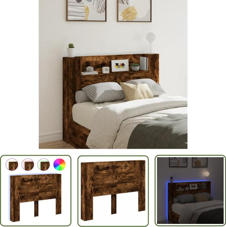 The Living Store Hoofdbordkast RGB LED-verlichting 140 x 16.5 x 103.5 cm Gerookt eiken Hoofdbord Led Verlichting Bedroom Furniture Houten Hoofdbord Tv Headboard