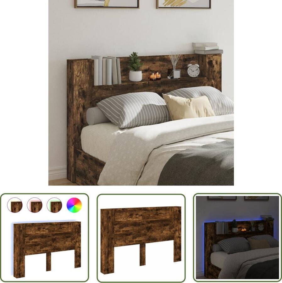 The Living Store Hoofdbordkast LED Verlichting 160 x 16.5 x 103.5 cm Gerookt Eiken Hoofdbord Led Verlichting Bed Frame Bedroom Furniture Houten Hoofdbord