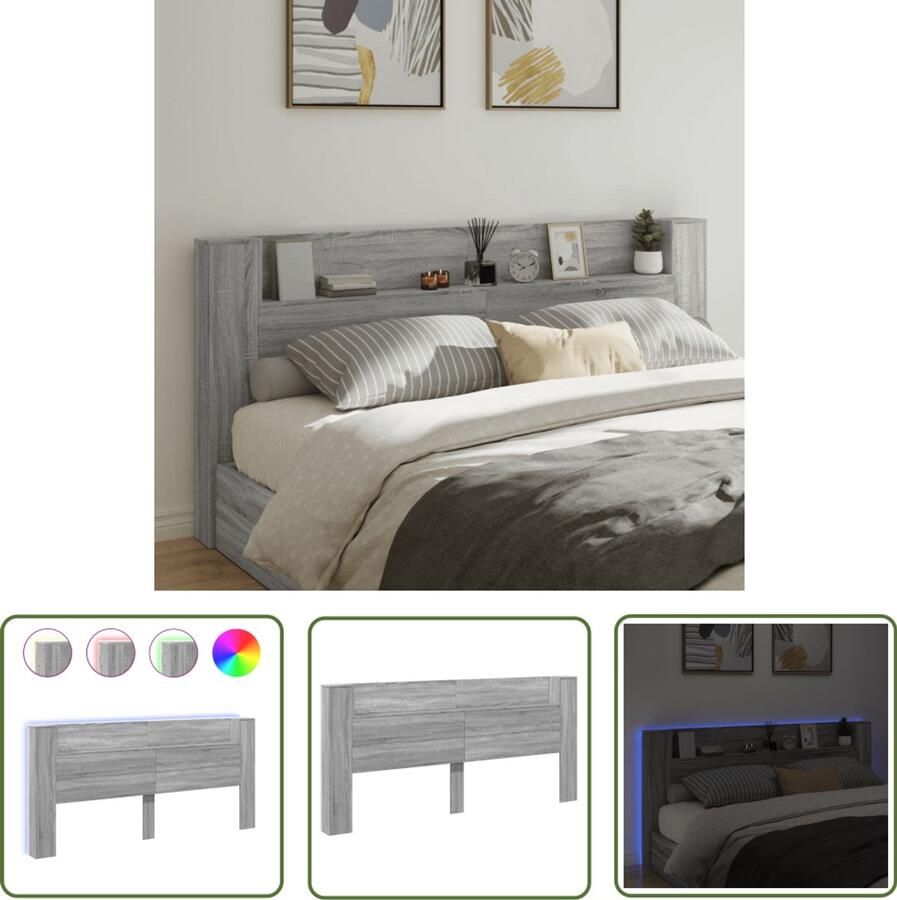 The Living Store Hoofdbordkast LED-verlichting 220 x 16.5 x 103.5 cm Grijs Sonoma Eiken Hoofdbord Led Verlichting Hoofdkast Bedroom Furniture Slaapkamersdecoratie