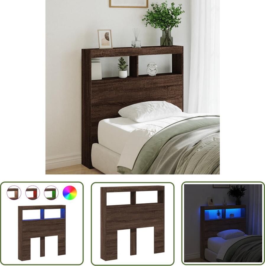 The Living Store Hoofdbordkast met LED-verlichting 100x17x102 cm bruin eiken Hoofdbord Led Verlichting Bedroom Furniture Bed Headboard Houten Hoofdbord