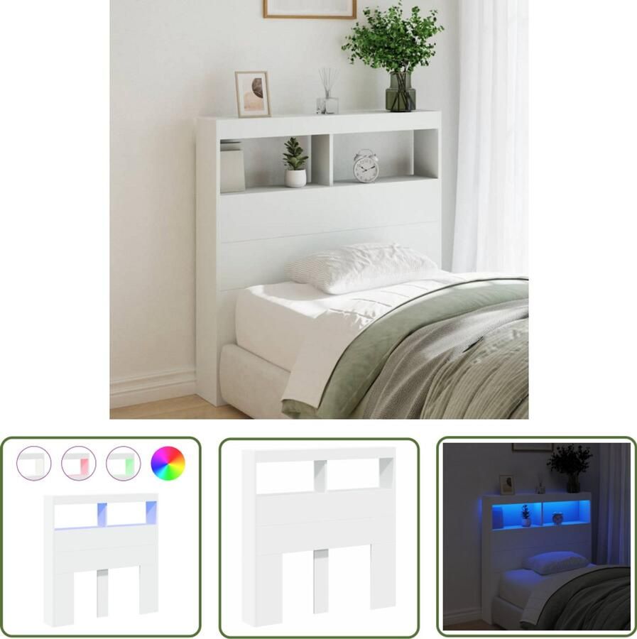 The Living Store Hoofdbordkast LED 100 x 17 x 102 cm Trendy RGB Verlichting White Wood Bed Headboard Shelf Hoofdbord Led Verlichting Bedstede Bedroom Furniture Slaapkamersdecoratie